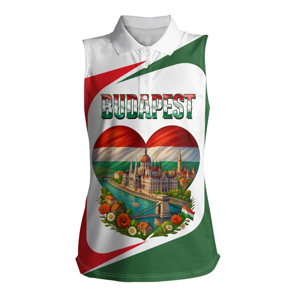 Hungary Women Sleeveless Polo Shirt with Budapest Heart Illustration Design and Crown Emblem - Wonder Print Shop