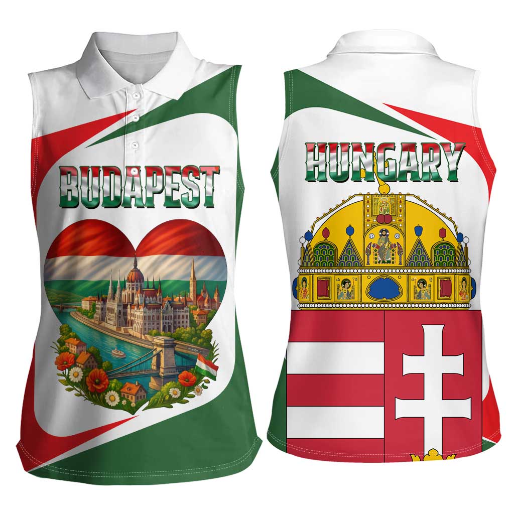 Hungary Women Sleeveless Polo Shirt with Budapest Heart Illustration Design and Crown Emblem - Wonder Print Shop