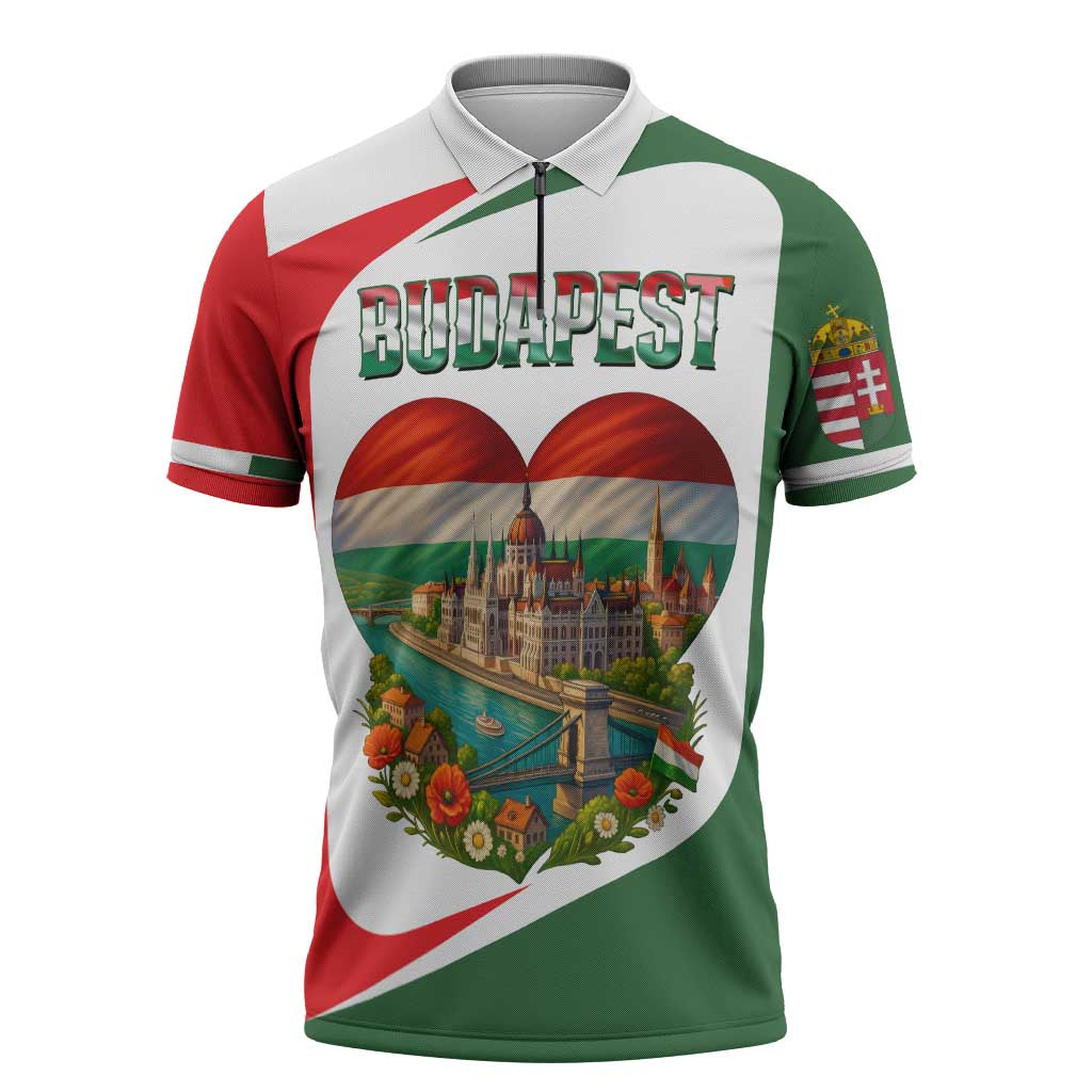 Hungary Zipper Polo Shirt with Budapest Heart Illustration Design and Crown Emblem - Wonder Print Shop