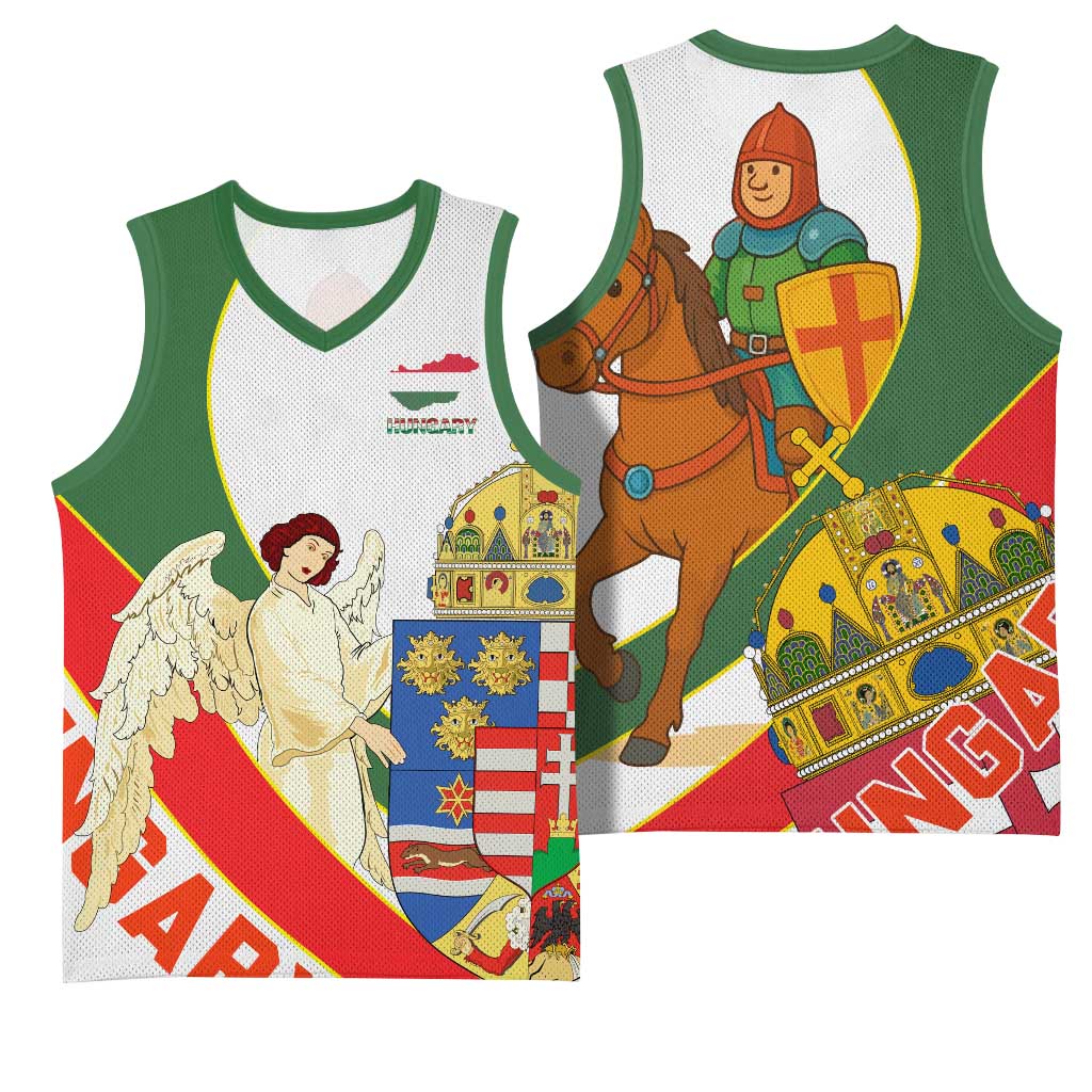 Hungary Basketball Jersey with Knight and Angel Illustration Design and National Crest - Wonder Print Shop