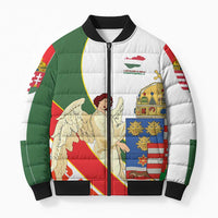 Hungary Bomber Puffer Jacket with Knight and Angel Illustration Design and National Crest - Wonder Print Shop