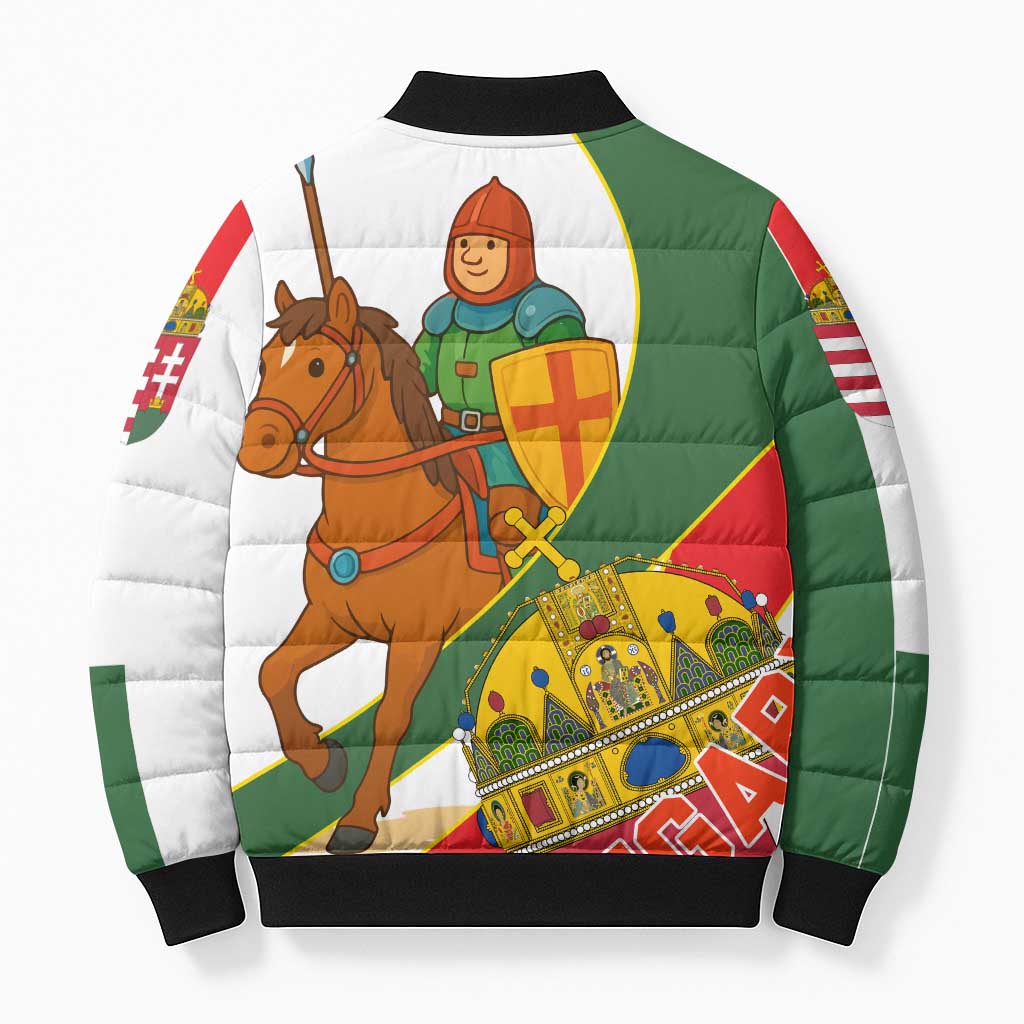 Hungary Bomber Puffer Jacket with Knight and Angel Illustration Design and National Crest - Wonder Print Shop
