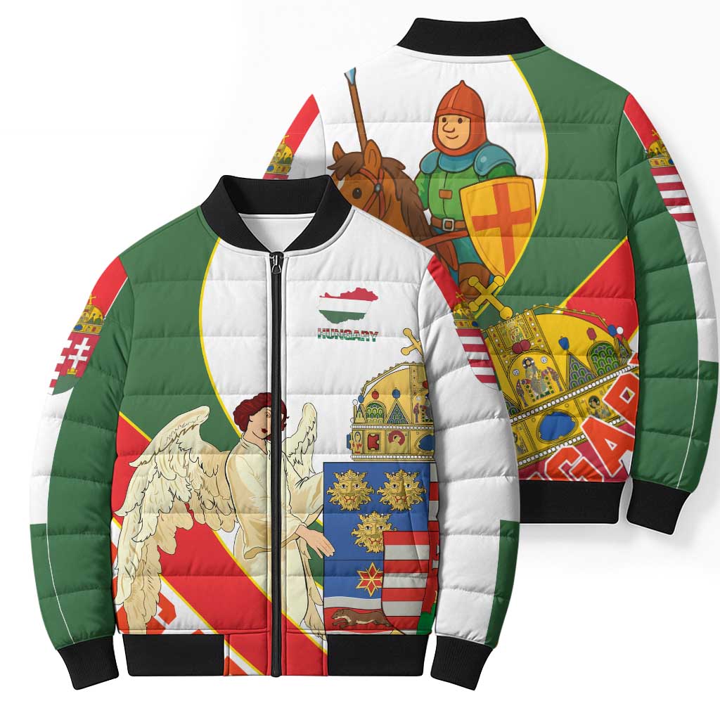 Hungary Bomber Puffer Jacket with Knight and Angel Illustration Design and National Crest - Wonder Print Shop