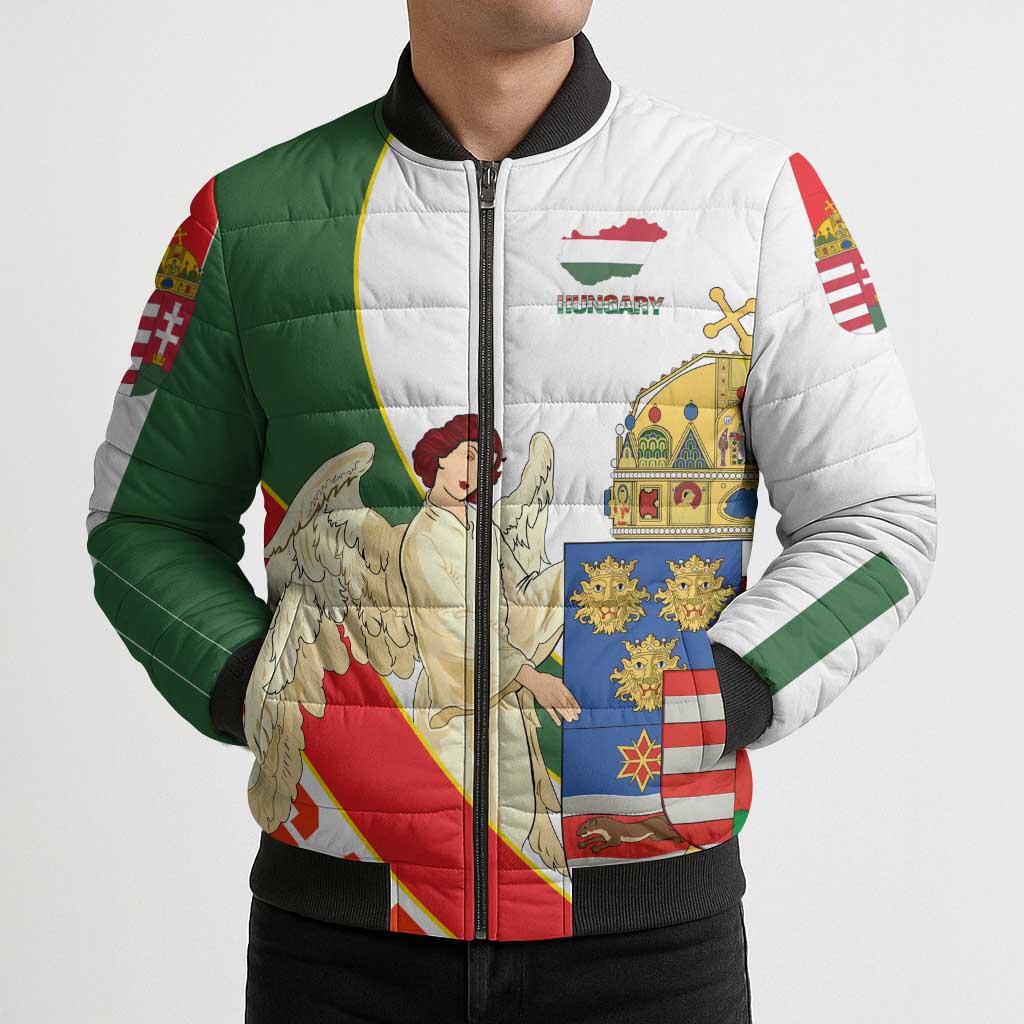 Hungary Bomber Puffer Jacket with Knight and Angel Illustration Design and National Crest - Wonder Print Shop