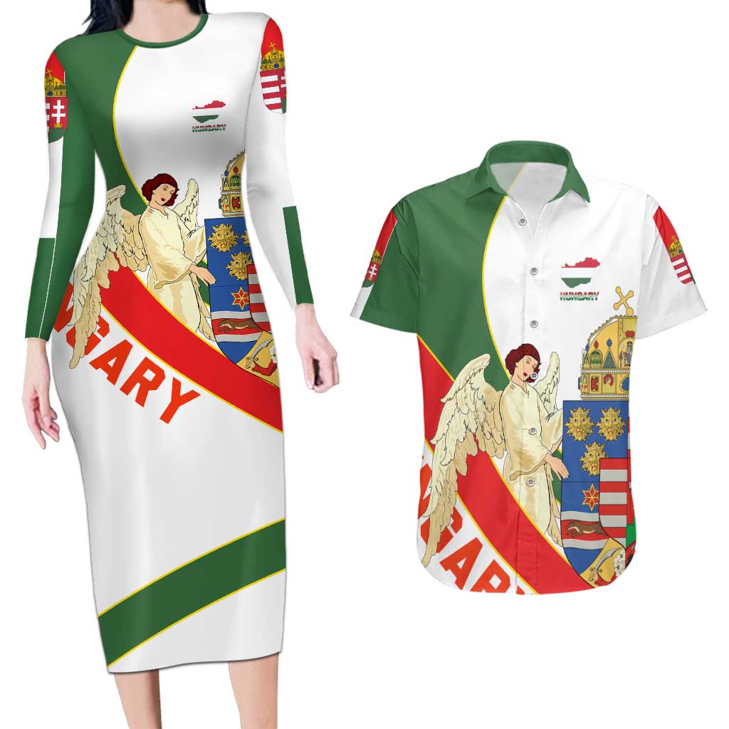 Hungary Couples Matching Long Sleeve Bodycon Dress and Hawaiian Shirt with Knight and Angel Illustration Design and National Crest - Wonder Print Shop