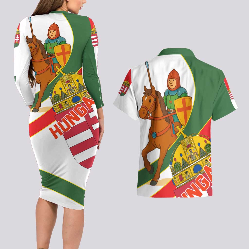 Hungary Couples Matching Long Sleeve Bodycon Dress and Hawaiian Shirt with Knight and Angel Illustration Design and National Crest - Wonder Print Shop