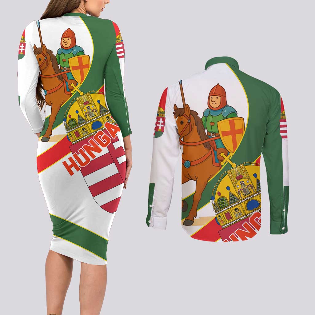 Hungary Couples Matching Long Sleeve Bodycon Dress and Long Sleeve Button Shirt with Knight and Angel Illustration Design and National Crest - Wonder Print Shop