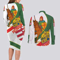 Hungary Couples Matching Long Sleeve Bodycon Dress and Long Sleeve Button Shirt with Knight and Angel Illustration Design and National Crest - Wonder Print Shop