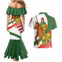 Hungary Couples Matching Mermaid Dress and Hawaiian Shirt with Knight and Angel Illustration Design and National Crest - Wonder Print Shop