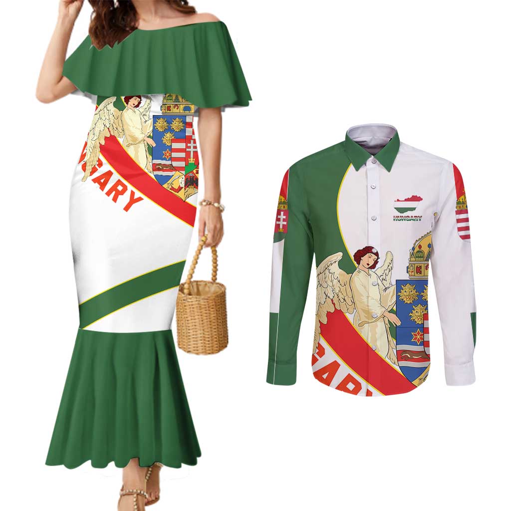 Hungary Couples Matching Mermaid Dress and Long Sleeve Button Shirt with Knight and Angel Illustration Design and National Crest - Wonder Print Shop