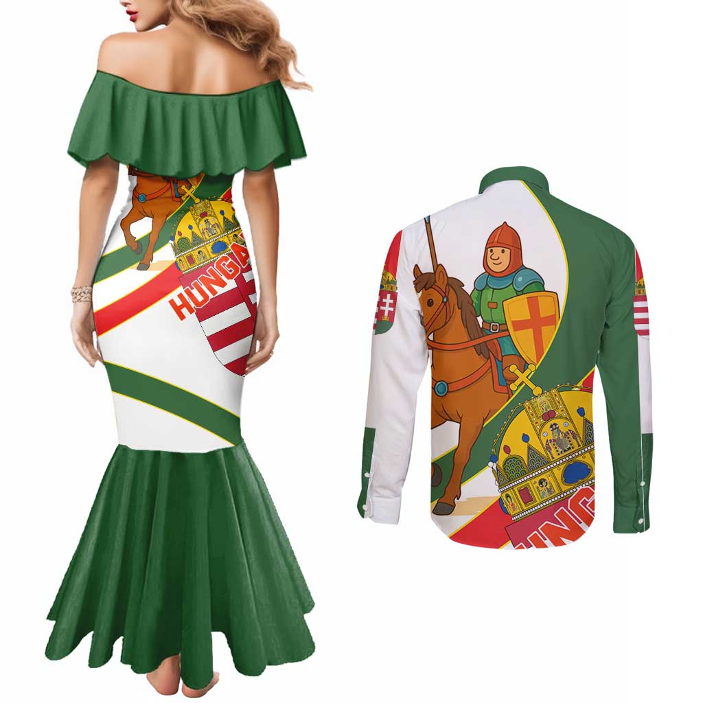 Hungary Couples Matching Mermaid Dress and Long Sleeve Button Shirt with Knight and Angel Illustration Design and National Crest - Wonder Print Shop