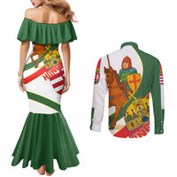 Hungary Couples Matching Mermaid Dress and Long Sleeve Button Shirt with Knight and Angel Illustration Design and National Crest - Wonder Print Shop