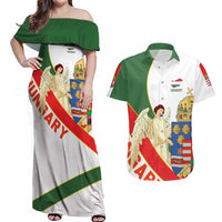 Hungary Couples Matching Off Shoulder Maxi Dress and Hawaiian Shirt with Knight and Angel Illustration Design and National Crest - Wonder Print Shop