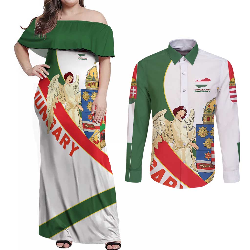 Hungary Couples Matching Off Shoulder Maxi Dress and Long Sleeve Button Shirt with Knight and Angel Illustration Design and National Crest - Wonder Print Shop