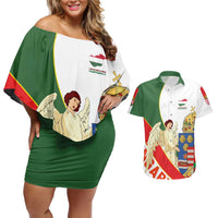 Hungary Couples Matching Off Shoulder Short Dress and Hawaiian Shirt with Knight and Angel Illustration Design and National Crest - Wonder Print Shop