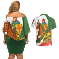 Hungary Couples Matching Off Shoulder Short Dress and Hawaiian Shirt with Knight and Angel Illustration Design and National Crest - Wonder Print Shop