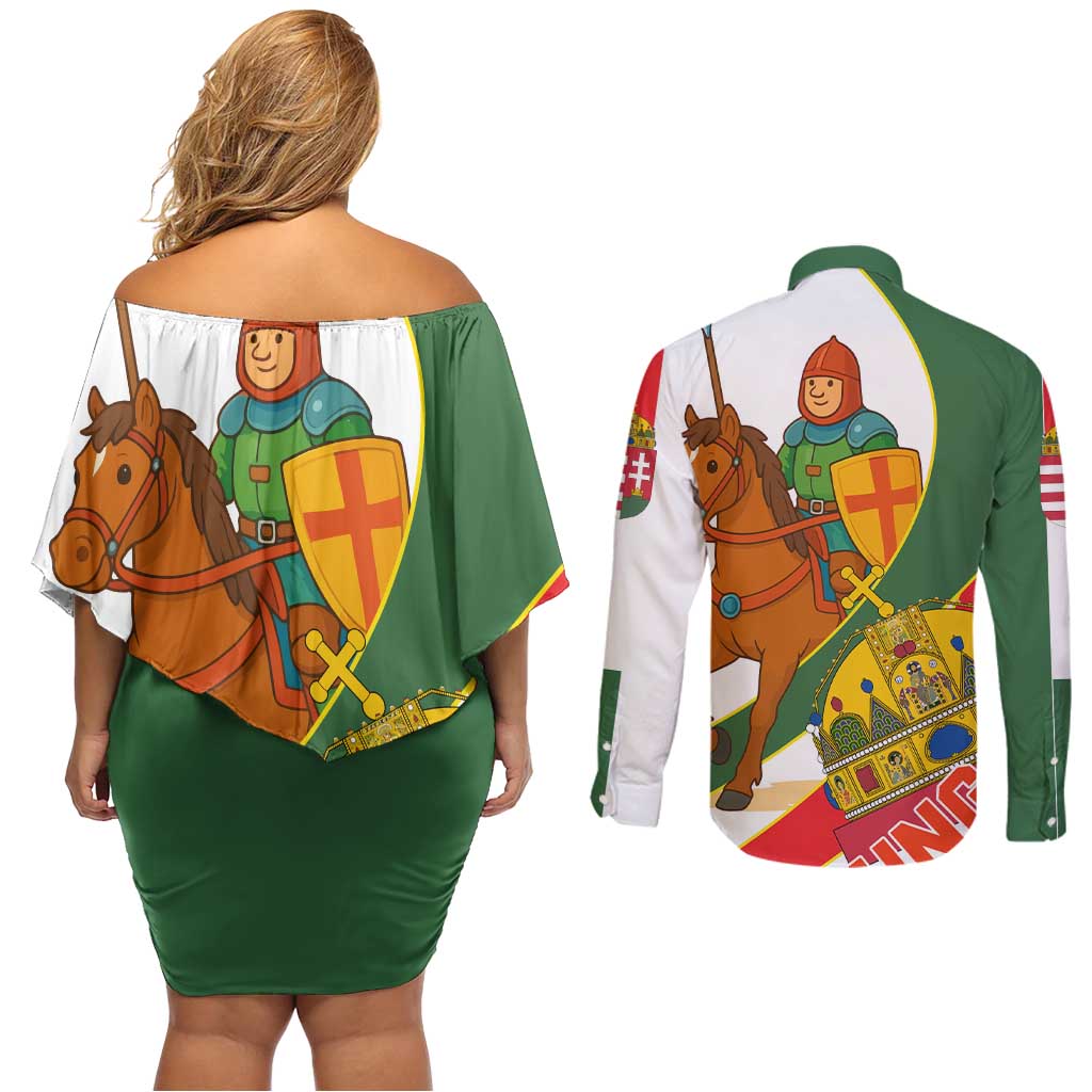 Hungary Couples Matching Off Shoulder Short Dress and Long Sleeve Button Shirt with Knight and Angel Illustration Design and National Crest - Wonder Print Shop