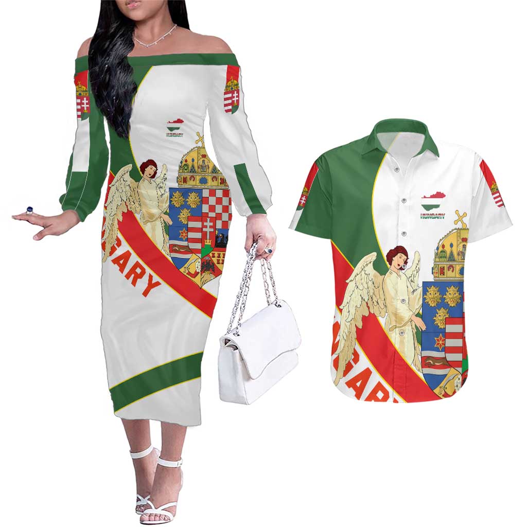 Hungary Couples Matching Off The Shoulder Long Sleeve Dress and Hawaiian Shirt with Knight and Angel Illustration Design and National Crest - Wonder Print Shop