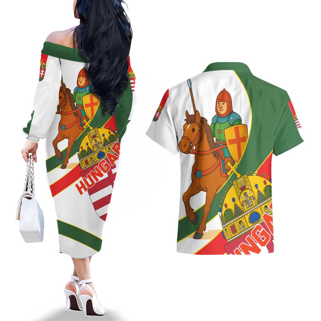 Hungary Couples Matching Off The Shoulder Long Sleeve Dress and Hawaiian Shirt with Knight and Angel Illustration Design and National Crest - Wonder Print Shop