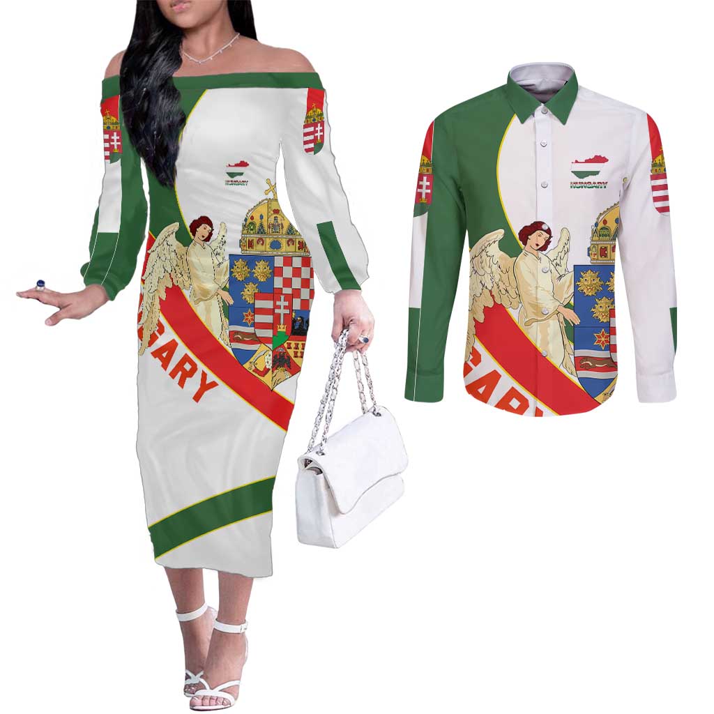 Hungary Couples Matching Off The Shoulder Long Sleeve Dress and Long Sleeve Button Shirt with Knight and Angel Illustration Design and National Crest - Wonder Print Shop