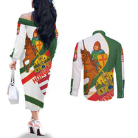 Hungary Couples Matching Off The Shoulder Long Sleeve Dress and Long Sleeve Button Shirt with Knight and Angel Illustration Design and National Crest - Wonder Print Shop