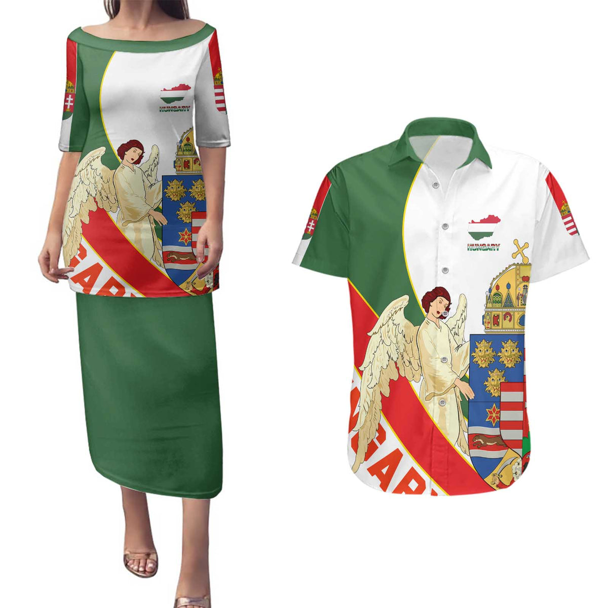 Hungary Couples Matching Puletasi and Hawaiian Shirt with Knight and Angel Illustration Design and National Crest - Wonder Print Shop