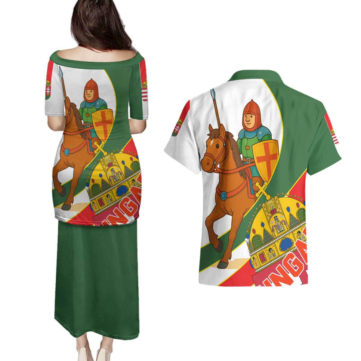 Hungary Couples Matching Puletasi and Hawaiian Shirt with Knight and Angel Illustration Design and National Crest - Wonder Print Shop