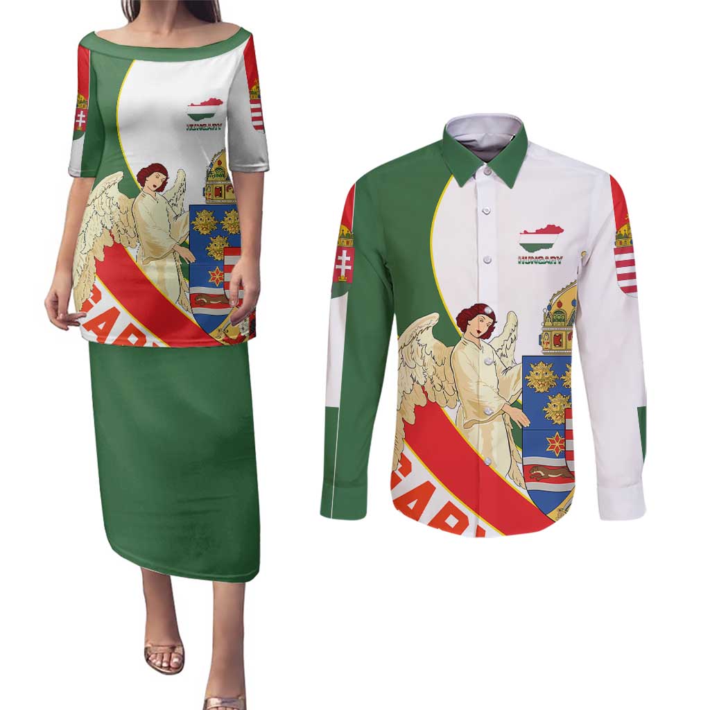 Hungary Couples Matching Puletasi and Long Sleeve Button Shirt with Knight and Angel Illustration Design and National Crest - Wonder Print Shop