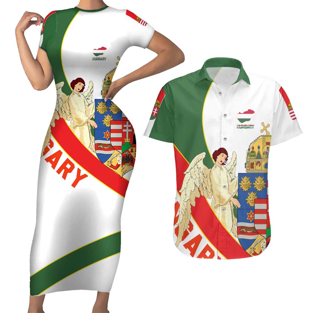 Hungary Couples Matching Short Sleeve Bodycon Dress and Hawaiian Shirt with Knight and Angel Illustration Design and National Crest - Wonder Print Shop