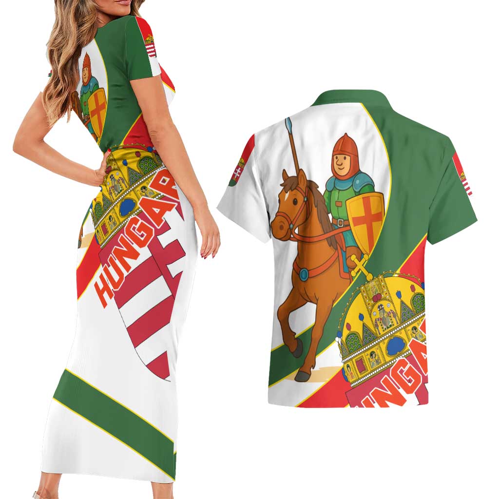 Hungary Couples Matching Short Sleeve Bodycon Dress and Hawaiian Shirt with Knight and Angel Illustration Design and National Crest - Wonder Print Shop