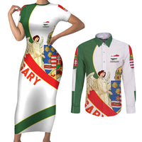 Hungary Couples Matching Short Sleeve Bodycon Dress and Long Sleeve Button Shirt with Knight and Angel Illustration Design and National Crest - Wonder Print Shop