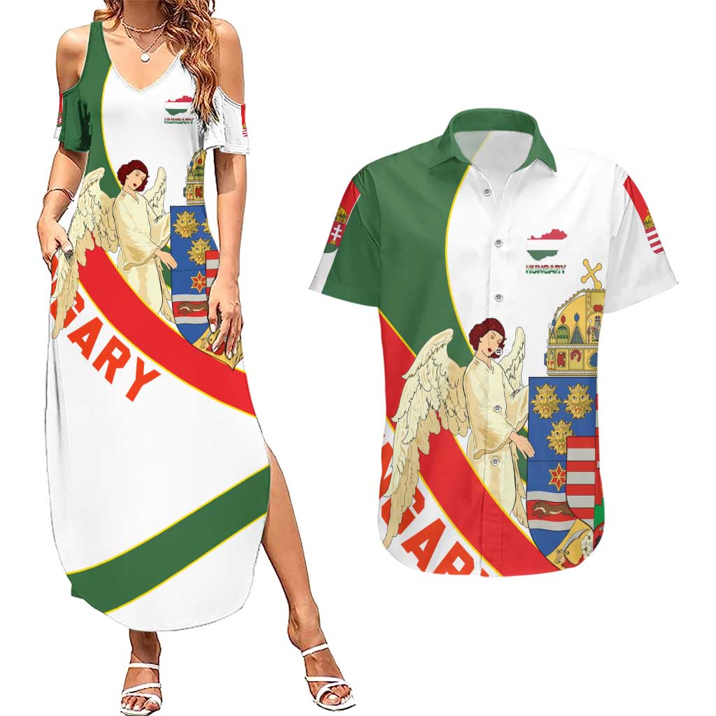 Hungary Couples Matching Summer Maxi Dress and Hawaiian Shirt with Knight and Angel Illustration Design and National Crest - Wonder Print Shop