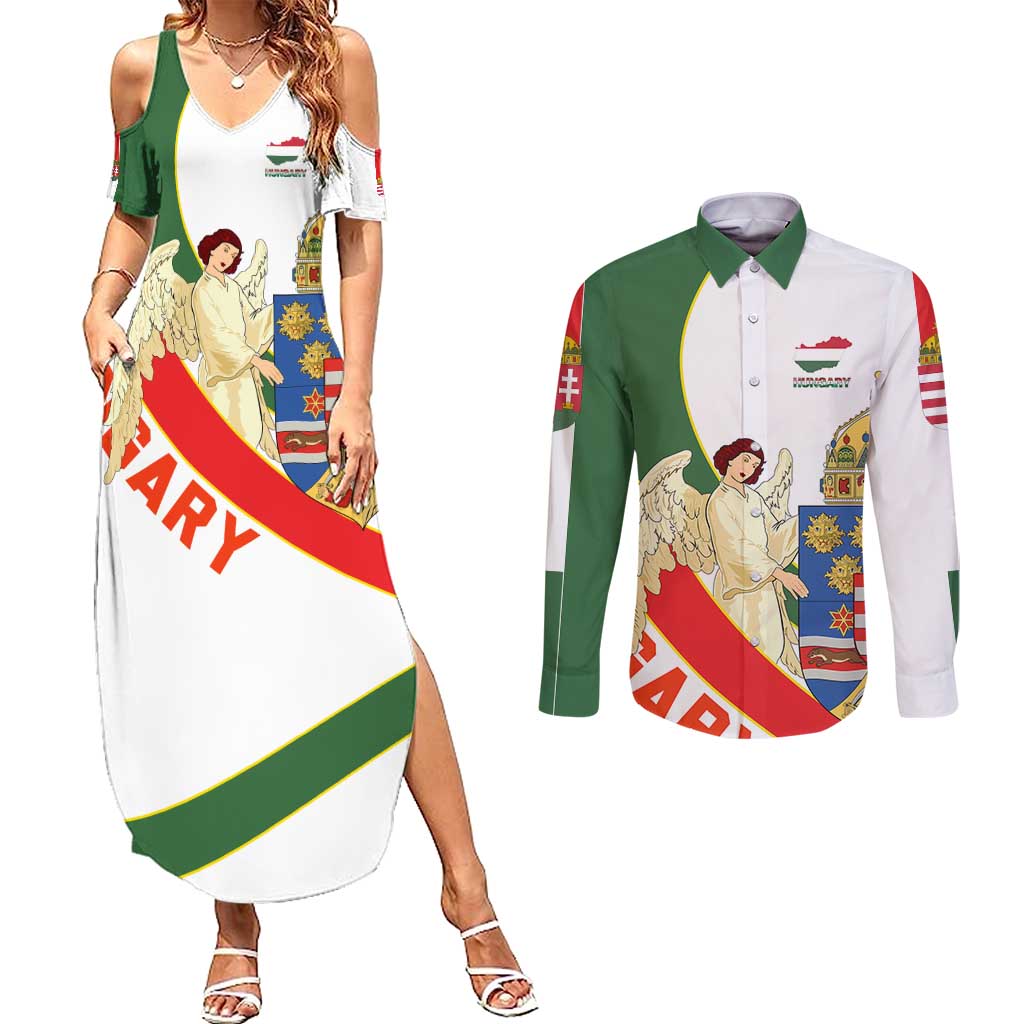 Hungary Couples Matching Summer Maxi Dress and Long Sleeve Button Shirt with Knight and Angel Illustration Design and National Crest - Wonder Print Shop