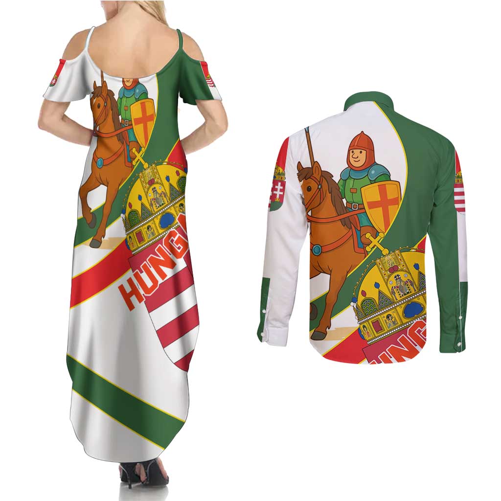 Hungary Couples Matching Summer Maxi Dress and Long Sleeve Button Shirt with Knight and Angel Illustration Design and National Crest - Wonder Print Shop