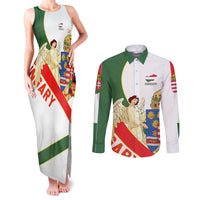 Hungary Couples Matching Tank Maxi Dress and Long Sleeve Button Shirt with Knight and Angel Illustration Design and National Crest - Wonder Print Shop