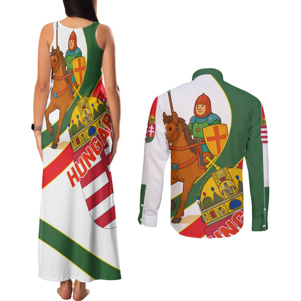 Hungary Couples Matching Tank Maxi Dress and Long Sleeve Button Shirt with Knight and Angel Illustration Design and National Crest - Wonder Print Shop