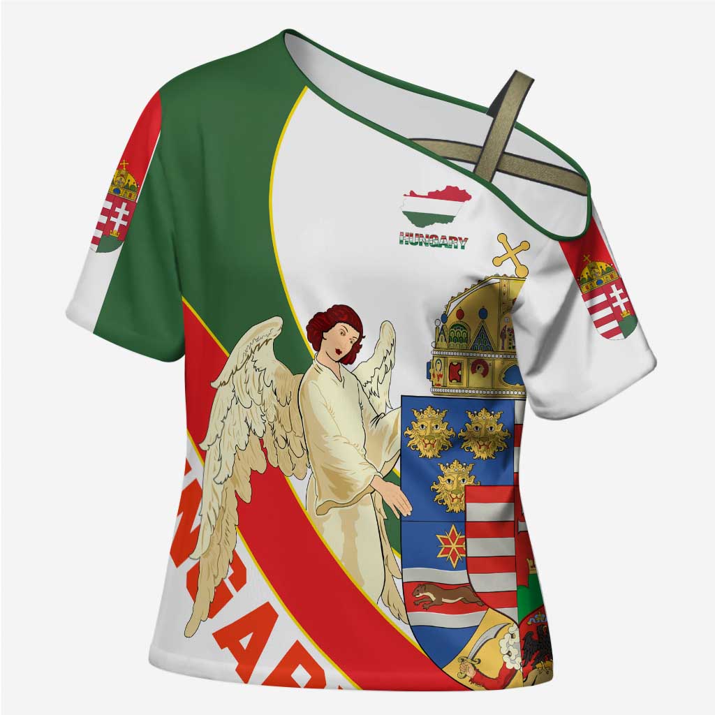 Hungary Cross Shoulder Shirt with Knight and Angel Illustration Design and National Crest - Wonder Print Shop