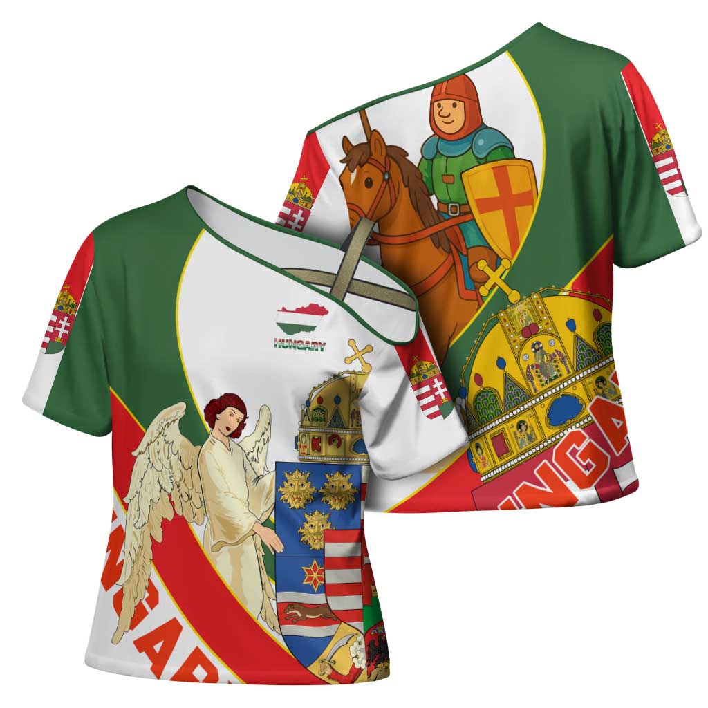 Hungary Cross Shoulder Shirt with Knight and Angel Illustration Design and National Crest - Wonder Print Shop