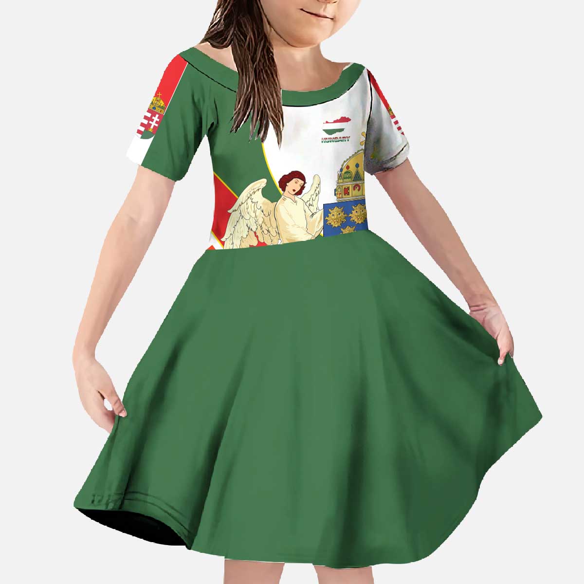Hungary Family Matching Off The Shoulder Long Sleeve Dress and Hawaiian Shirt with Knight and Angel Illustration Design and National Crest - Wonder Print Shop