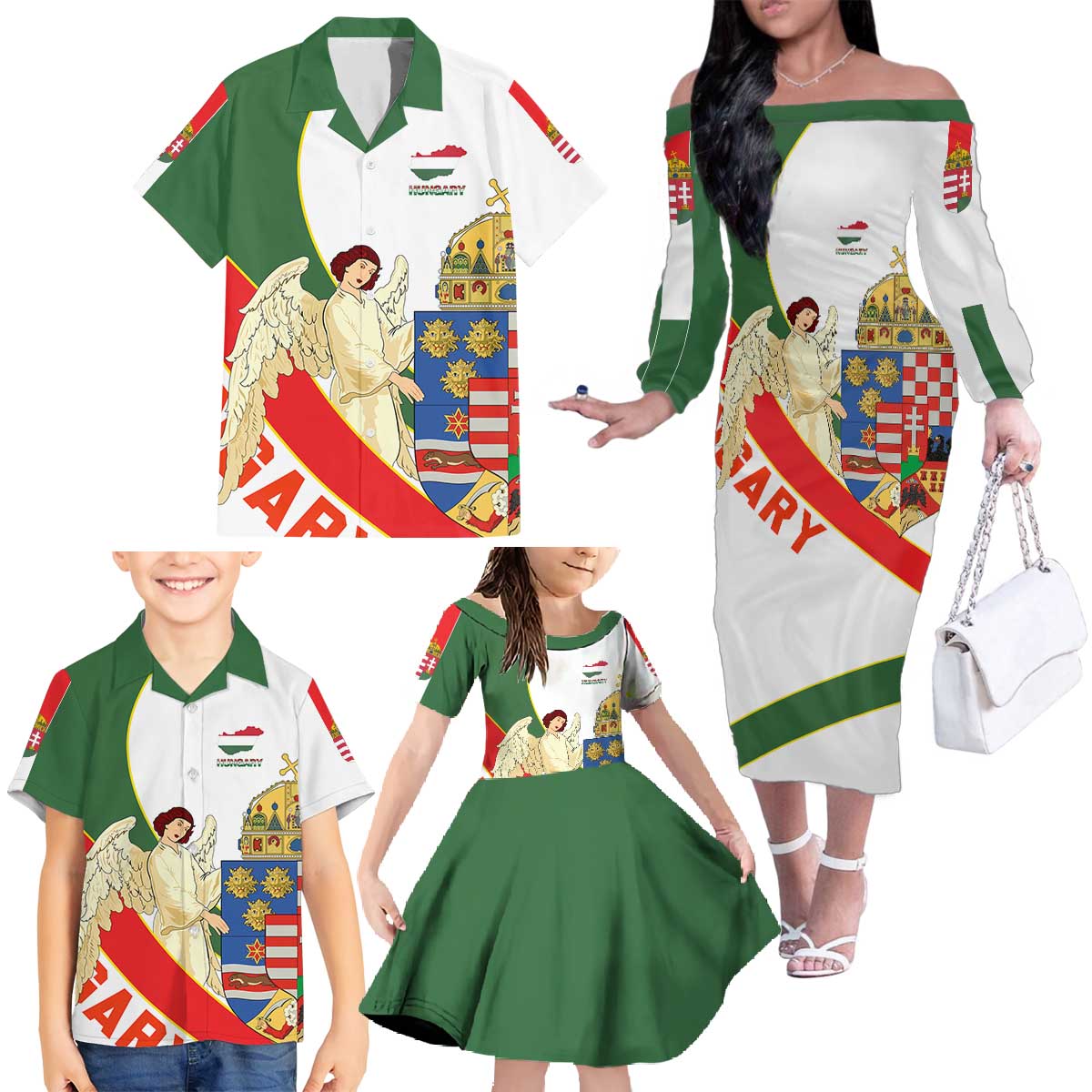 Hungary Family Matching Off The Shoulder Long Sleeve Dress and Hawaiian Shirt with Knight and Angel Illustration Design and National Crest - Wonder Print Shop