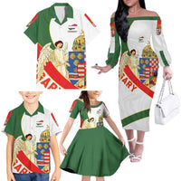 Hungary Family Matching Off The Shoulder Long Sleeve Dress and Hawaiian Shirt with Knight and Angel Illustration Design and National Crest - Wonder Print Shop