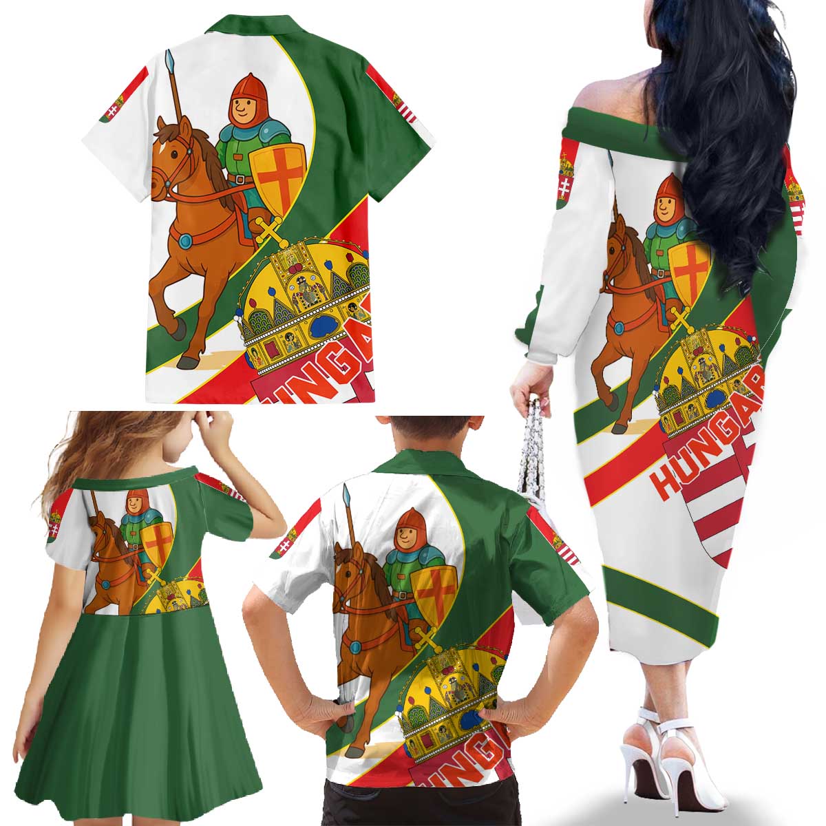 Hungary Family Matching Off The Shoulder Long Sleeve Dress and Hawaiian Shirt with Knight and Angel Illustration Design and National Crest - Wonder Print Shop
