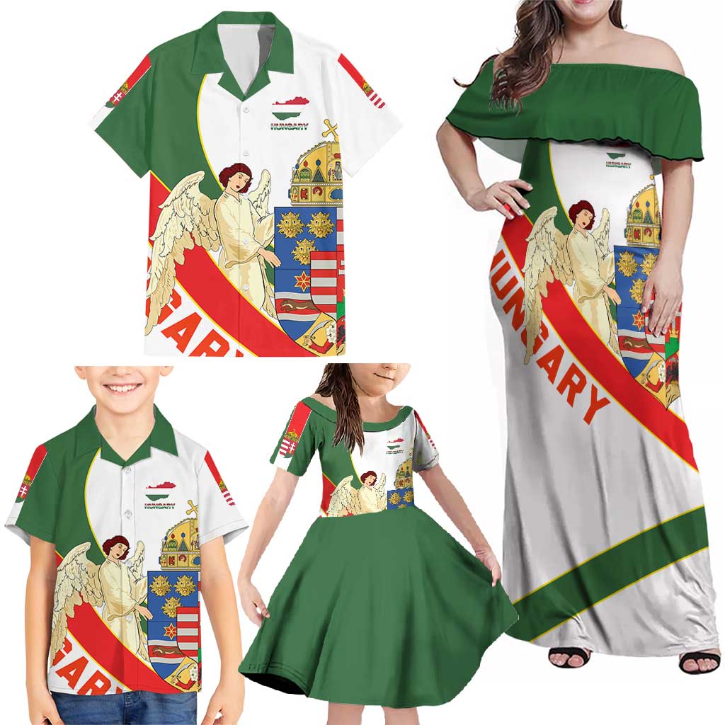 Hungary Family Matching Off Shoulder Maxi Dress and Hawaiian Shirt with Knight and Angel Illustration Design and National Crest - Wonder Print Shop