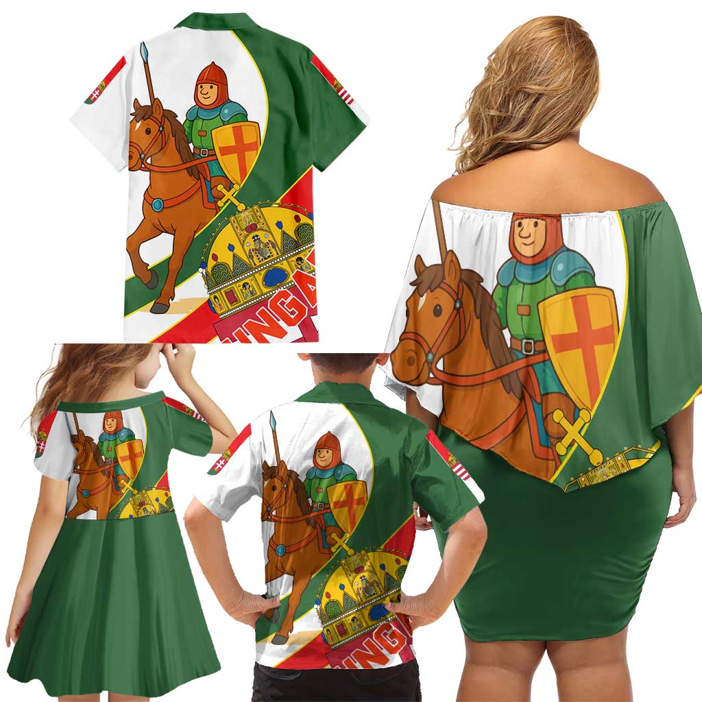 Hungary Family Matching Off Shoulder Short Dress and Hawaiian Shirt with Knight and Angel Illustration Design and National Crest - Wonder Print Shop