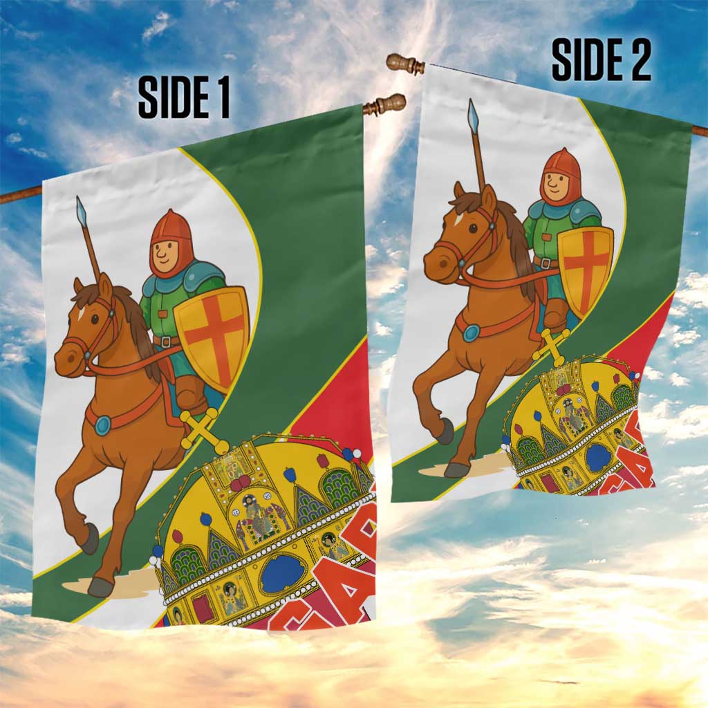 Hungary Garden Flag with Knight and Angel Illustration Design and National Crest - Wonder Print Shop
