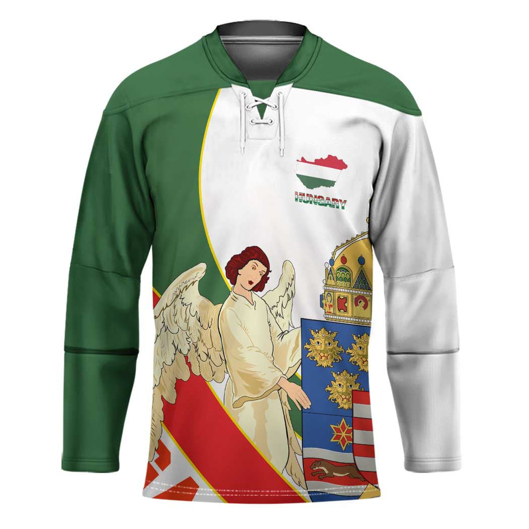 Hungary Hockey Jersey with Knight and Angel Illustration Design and National Crest - Wonder Print Shop