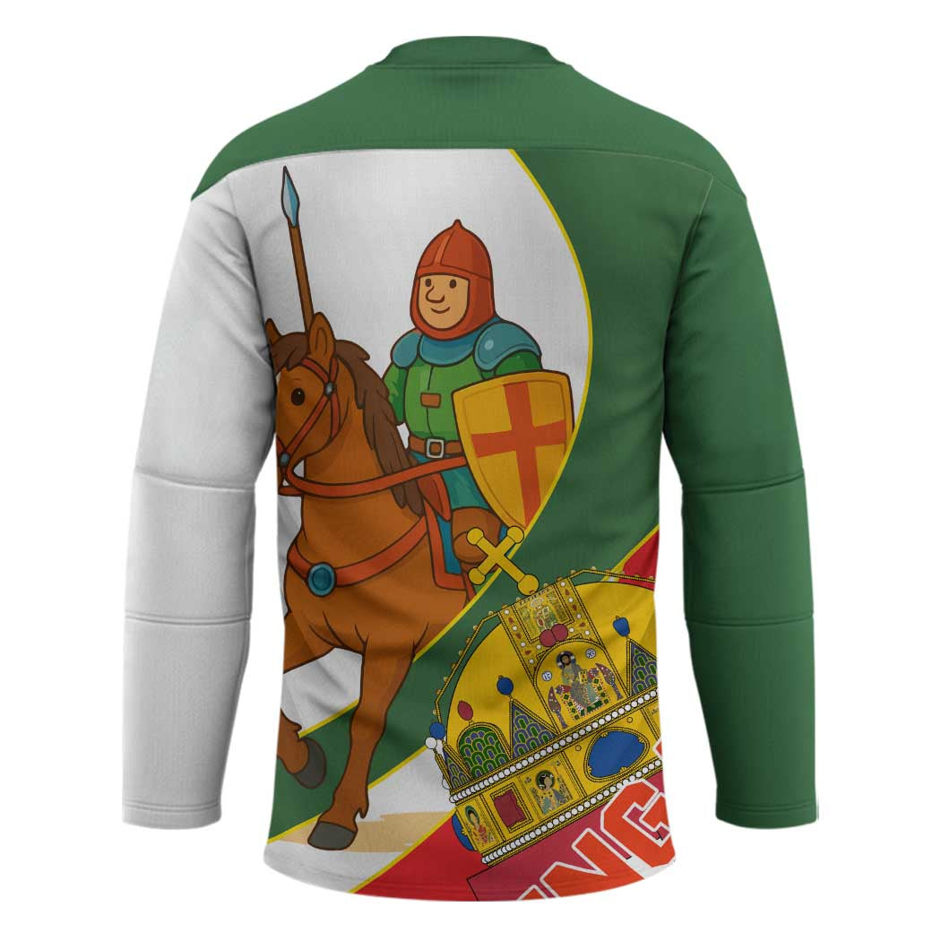 Hungary Hockey Jersey with Knight and Angel Illustration Design and National Crest - Wonder Print Shop