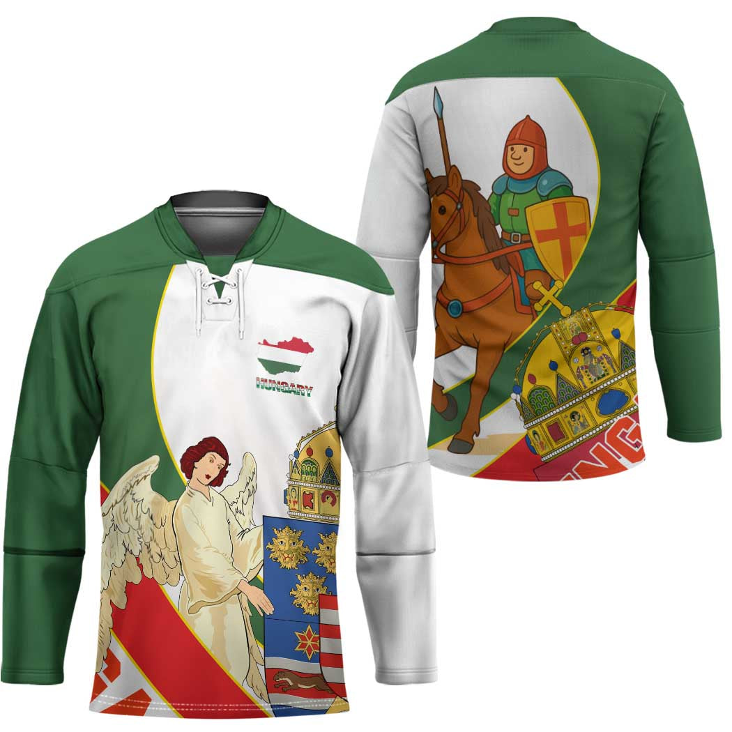 Hungary Hockey Jersey with Knight and Angel Illustration Design and National Crest - Wonder Print Shop
