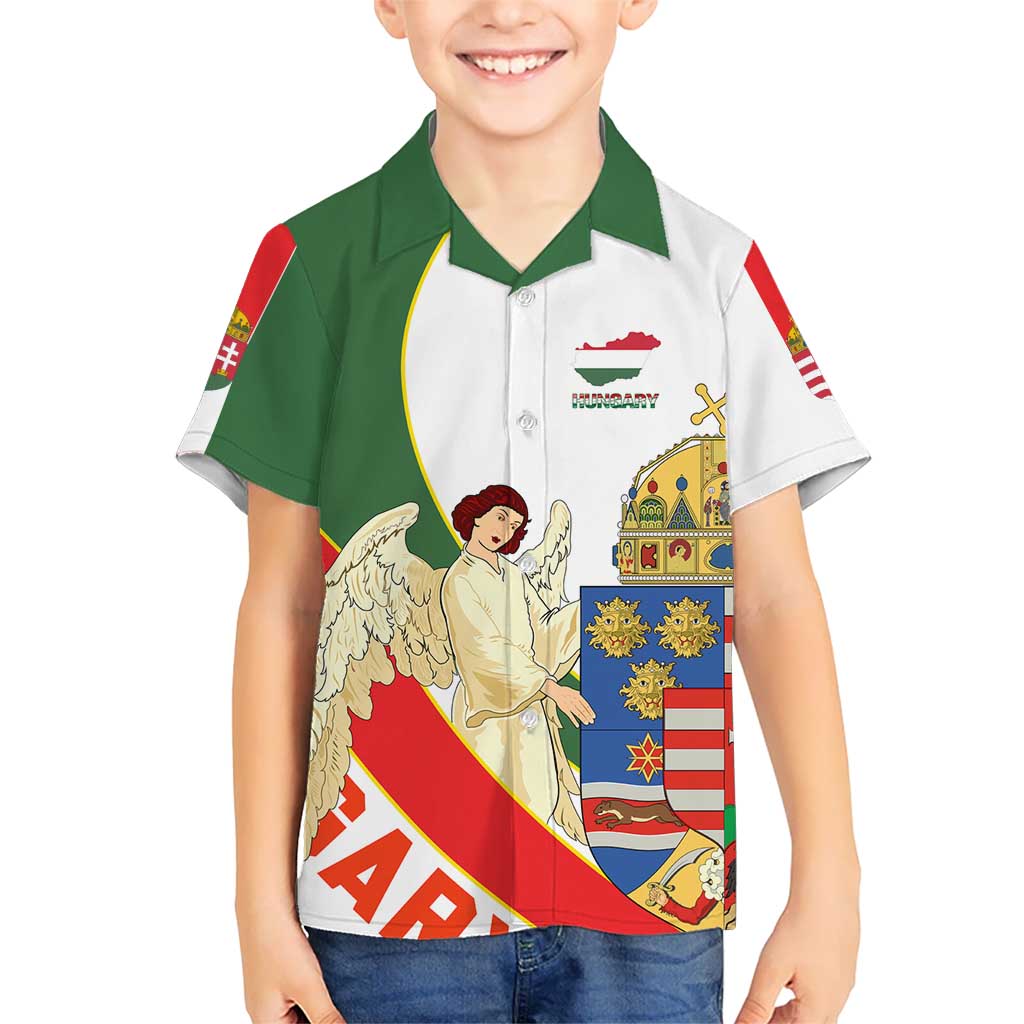 Hungary Kid Hawaiian Shirt with Knight and Angel Illustration Design and National Crest - Wonder Print Shop