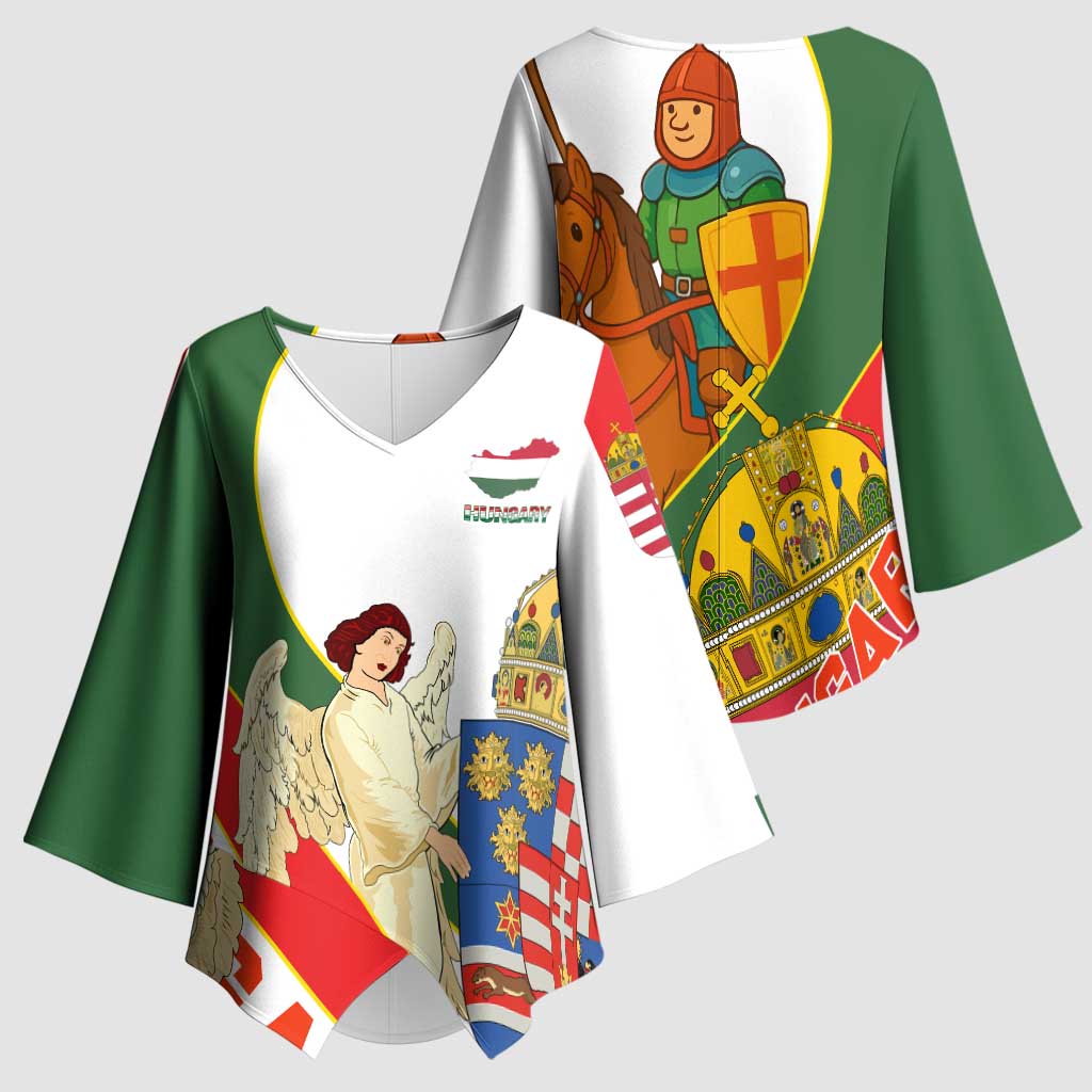 Hungary Kimono Sleeve Blouse with Knight and Angel Illustration Design and National Crest - Wonder Print Shop